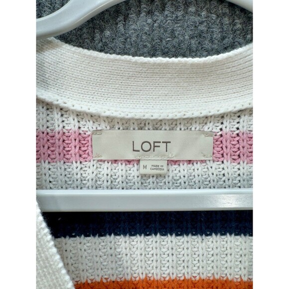 LOFT Chunky Knit Button Cardigan Womens Medium Cream Multicolor Striped V Neck - Picture 4 of 9